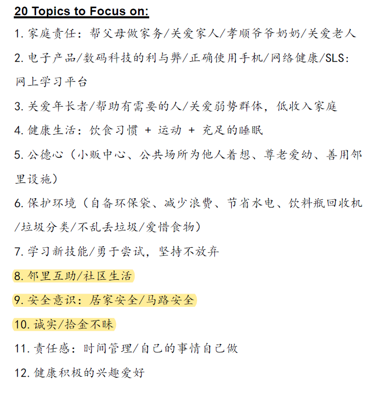 20 PSLE Chinese Oral revision themes based on six core values